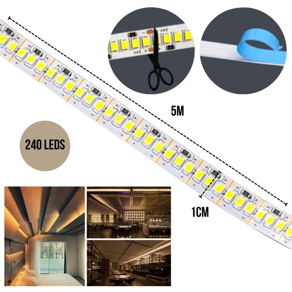 Imagem de Fita De Led Adesiva 2835 Rolo De 5M Com 240 Leds 12V Plug P4 Com Fonte Para Decorações Perfis Sancas Gesso Parede Teto