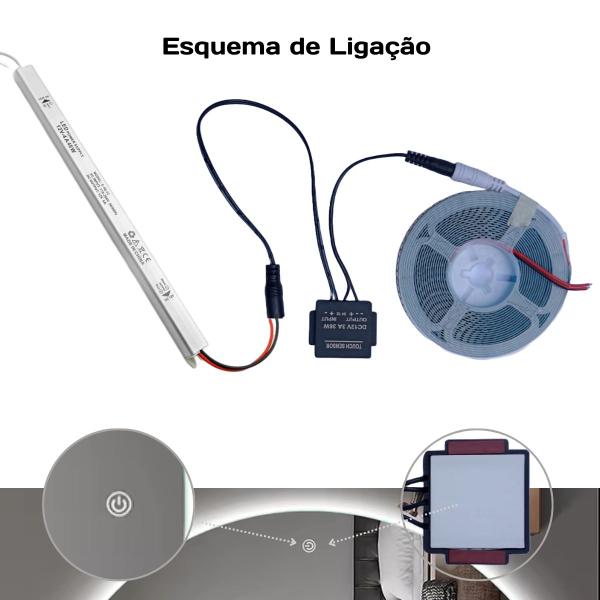 Imagem de Fita De Led Cob 5m 12v 320 Leds/m + Botão Espelho Touch + Fonte Slim Barra