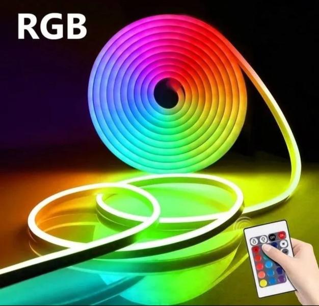 Imagem de Fita De Led Neon Flexível RGB Colorida 12v  5mts  Com Controle  Alto Brilho Com Fonte