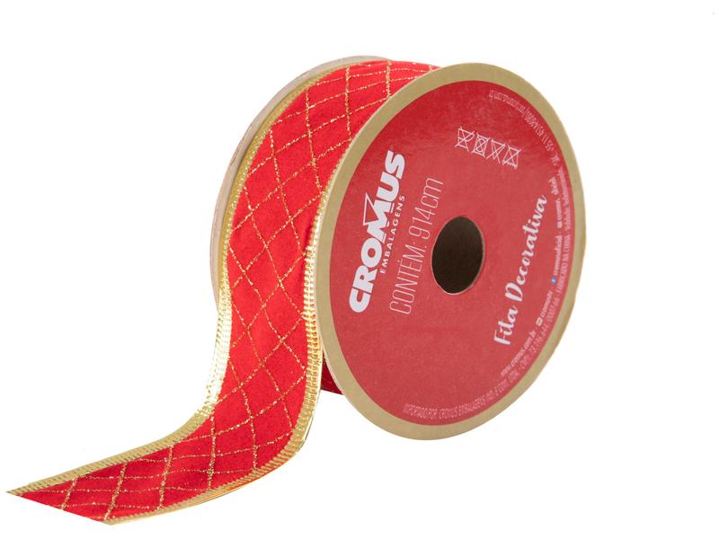 Fita de Natal 914x3,8cm Aramada Vermelho e Ouro Fita de Natal 914x3,8cm Aramada Vermelho e Ouro