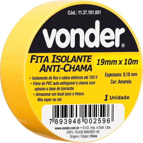 Imagem de Fita isolante pvc 19mmx10m amarela anti chama - Vonder