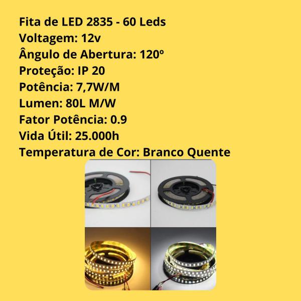 Imagem de Fita Led 2835 SMD 60 Led 5metros12V IP20 2700K Branco Quente