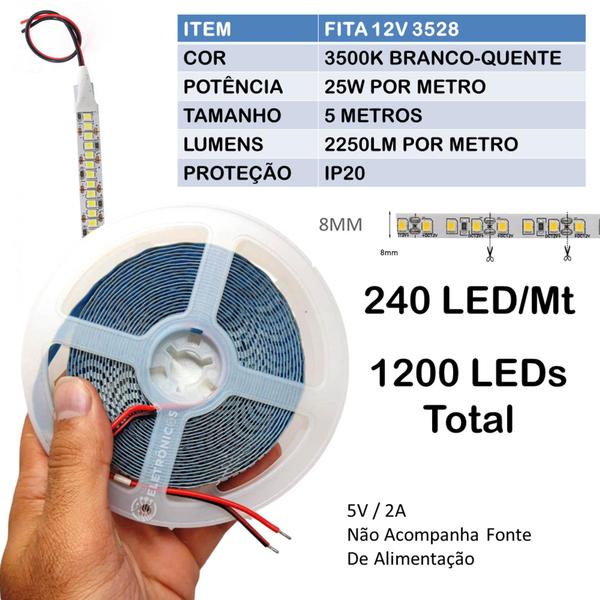 Imagem de Fita LED 3528 Para Perfil Luz Branco Quente 3500K 5mts 240LEDs/m Para Perfil 50W FN875A