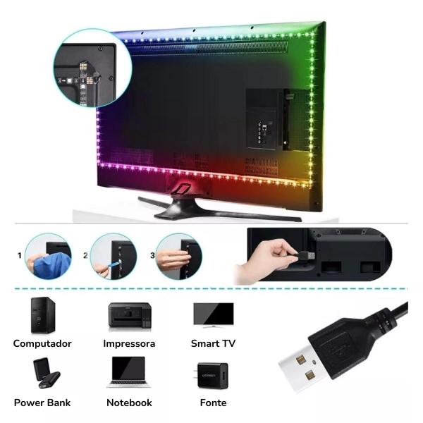 Imagem de Fita Led 3528 RGB 5 Metros 5V USB Com Controle Remoto para Tv Pc