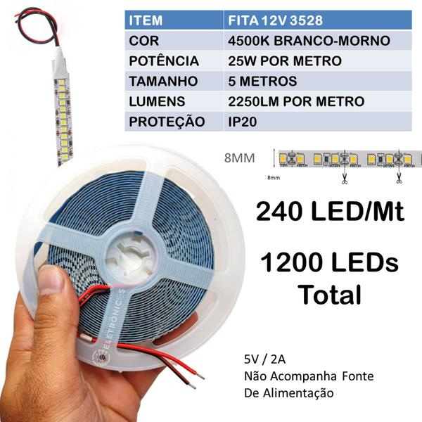 Imagem de Fita Led 4500K Branco Morno 5M 3528 Ip20 240leds/m Adesivada P/ Corredores, Janelas, Arcos FN875W