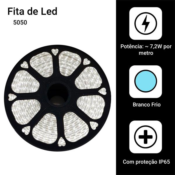 Fita Led 5050 Branca Frio C/fonte110v 10 Metros Provad'água - RY Imagem de Fita Led 5050 Branca Frio C/fonte110v 10 Metros Provad'água