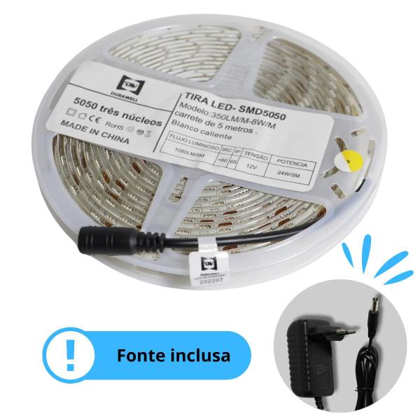 Imagem de Fita Led 5050 Com Fonte Cor da Luz Branco Quente 5 metros 12v - 110v/220v