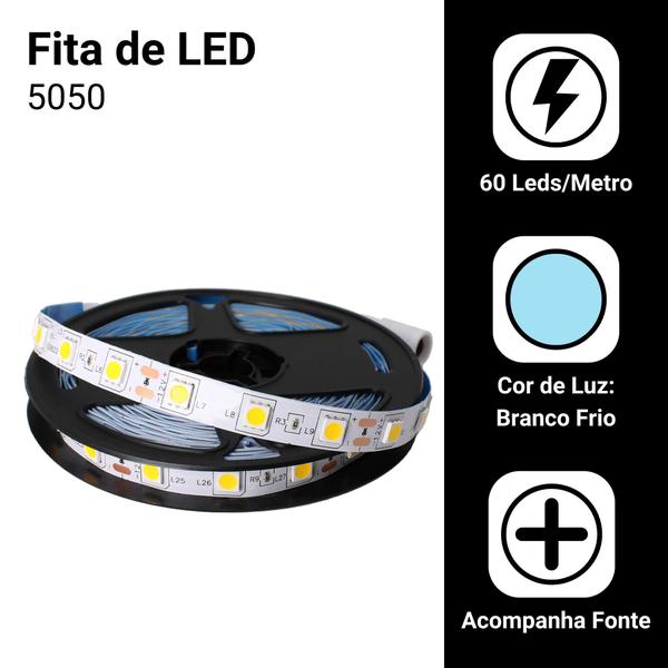 Imagem de Fita Led 5050 Rolo 5 Metros 12v 300 Leds Ip20 + Fonte Branco Frio