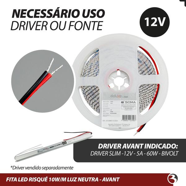 Fita Led 5m 10W/m Uso Interno 12V Luz Branco Frio ou Neutro Sanca Gesso - Risqué Avant Imagem de Fita Led 5m 10W/m Uso Interno 12V Luz Branco Frio ou Neutro Sanca Gesso - Risqué Avant