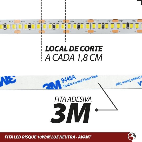 Fita Led 5m 10W/m Uso Interno 12V Luz Branco Frio ou Neutro Sanca Gesso - Risqué Avant Imagem de Fita Led 5m 10W/m Uso Interno 12V Luz Branco Frio ou Neutro Sanca Gesso - Risqué Avant