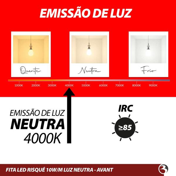 Fita Led 5m 10W/m Uso Interno 12V Luz Branco Frio ou Neutro Sanca Gesso - Risqué Avant Imagem de Fita Led 5m 10W/m Uso Interno 12V Luz Branco Frio ou Neutro Sanca Gesso - Risqué Avant