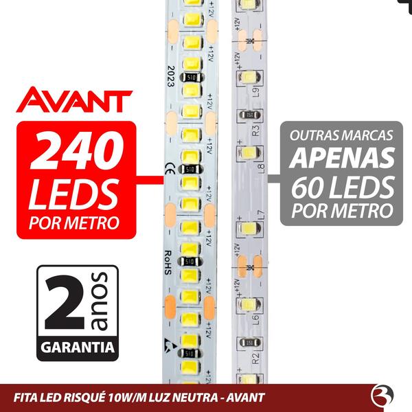 Fita Led 5m 10W/m Uso Interno 12V Luz Branco Frio ou Neutro Sanca Gesso - Risqué Avant Imagem de Fita Led 5m 10W/m Uso Interno 12V Luz Branco Frio ou Neutro Sanca Gesso - Risqué Avant