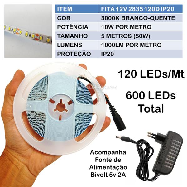 Imagem de Fita Led Branco Quente 3000k 5M 2835 Ip20 120leds/m Adesivada P Corredor Janelas Arcos LLTT283512030