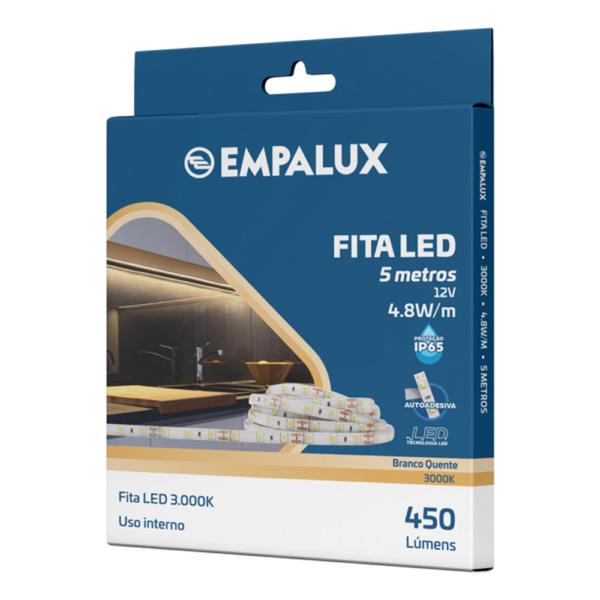 Imagem de Fita led ip20 5mt12v 4.8w/m 3000k empalux