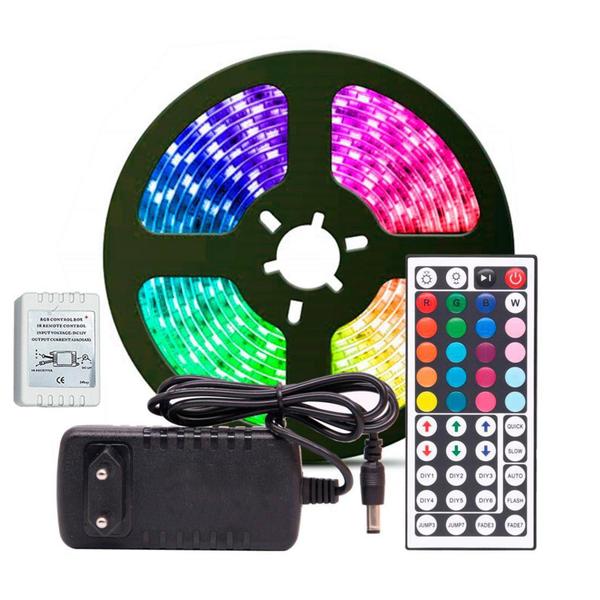 Imagem de Fita LED RGB 5050 Rolo 5 metros Fonte 12V 3A e Controle Remoto - KIT LED