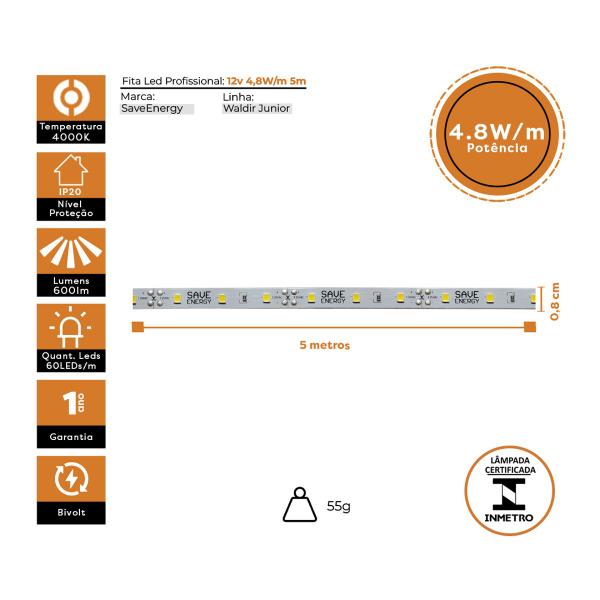 Imagem de Fita Led SaveEnergy 12v 4,8w/m Ip20 5m 4000k Branco Neutro