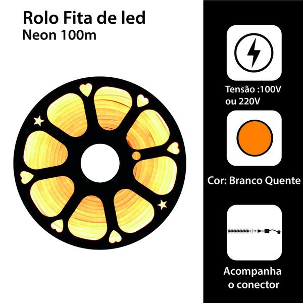 Imagem de Fita Mangueira Led 100 Metros Flexível Neon Branco Quente 110v + 5 Conectores