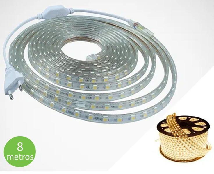 Imagem de Fita Mangueira Led 5050 Branco Quente 110v 8m + Adaptador