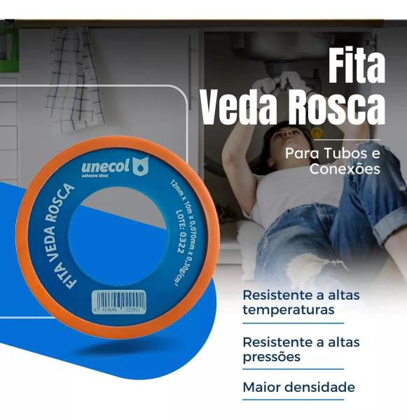 Imagem de Fita Veda Rosca 12mmx10m Teflon Vedação Tubos Conexões Canos Encanamentos - Para Torneira Gás e Hidráulica em Geral PTFE