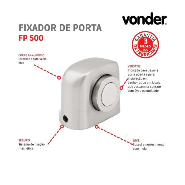 Imagem de Fixador Amortecedor Batedor Prendedor Magnetico Trava De Porta FP 500 Alumínio Vonder