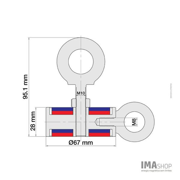 Imagem de Fixador Duplo Magnético 67 mm com Olhal Força Aprox. 120Kg - 1 unidade