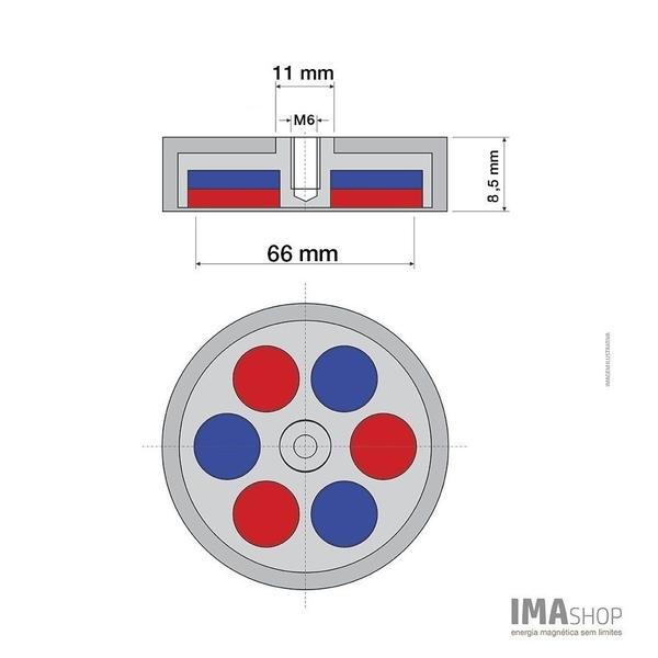 Imagem de Fixador Magnético 66 mm Emborrachado Rosca Interna M6 Força Aprox. 18Kg - 1 unidade