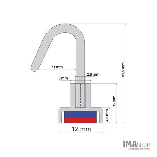 Imagem de Fixador Magnético Neodímio 12 mm Gancho Força 800g