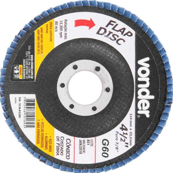 Flap disc 4.1/2" g60 costado fibra cônico p/ aço carb e inox - Vonder Imagem de Flap disc 4.1/2" g60 costado fibra cônico p/ aço carb e inox