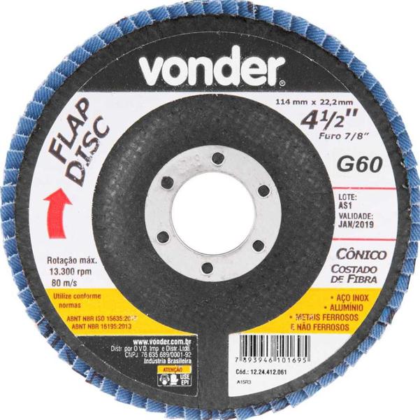 Flap disc 4.1/2" g60 costado fibra cônico p/ aço carb e inox - Vonder Imagem de Flap disc 4.1/2" g60 costado fibra cônico p/ aço carb e inox