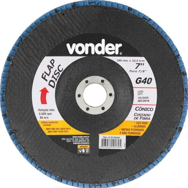 Flap disc 7" g40 costado fibra cônico p/ aço carbono e inox - Vonder Imagem de Flap disc 7" g40 costado fibra cônico p/ aço carbono e inox
