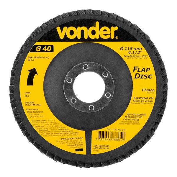 Imagem de Flap Disco Cônico Vonder 4.1/2" Grão 40 - 1243412040