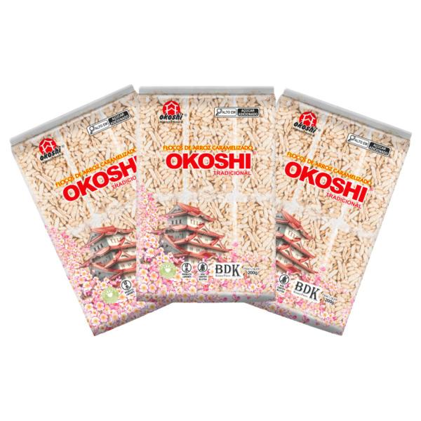 Flocos de Arroz Caramelizado Sem Glúten Okoshi contento 3 pacotes de 200g cada Imagem de Flocos de Arroz Caramelizado Sem Glúten Okoshi contento 3 pacotes de 200g cada