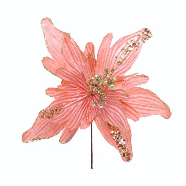 Imagem de Flor de Cabo Curto Poinsétia Rosa Velho com Gliter Ouro - 28 cm - 1 unidade - Cromus - Rizzo