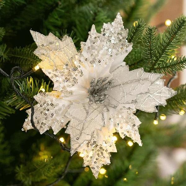 Imagem de Flor de Natal Artificial com Glitter e Lantejoulas - Decoração de Árvore de Natal e Ano Novo