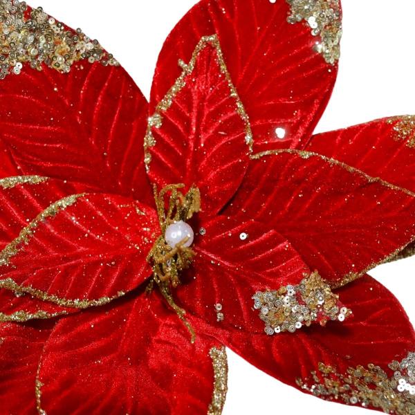 Imagem de Flor de natal poinsetia tecido vermelha com brilho 32cm 2un