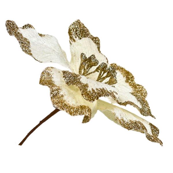 Flor de Natal Poinsétia Veludo Branco com Glitter Dourado Tok da Casa Imagem de Flor de Natal Poinsétia Veludo Branco com Glitter Dourado Tok da Casa