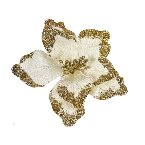 Flor de Natal Poinsétia Veludo Branco com Glitter Dourado Tok da Casa Imagem de Flor de Natal Poinsétia Veludo Branco com Glitter Dourado Tok da Casa
