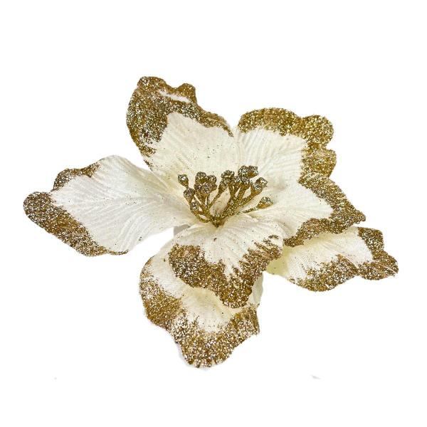Flor de Natal Poinsétia Veludo Branco com Glitter Dourado Tok da Casa Imagem de Flor de Natal Poinsétia Veludo Branco com Glitter Dourado Tok da Casa