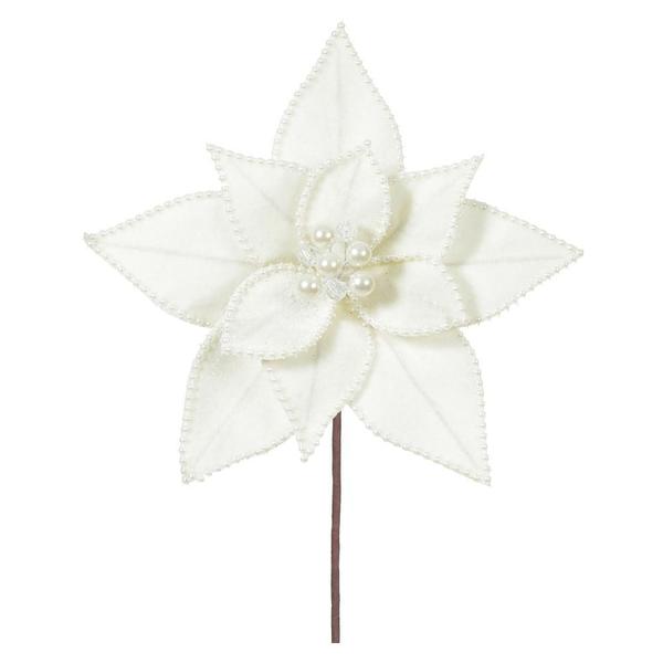 Imagem de Flor natalina aveludado com mini perolas off white 24cm