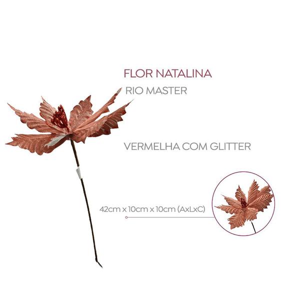 Imagem de Flor Natalina Vermelha com Glitter 42x10cm Rio Master