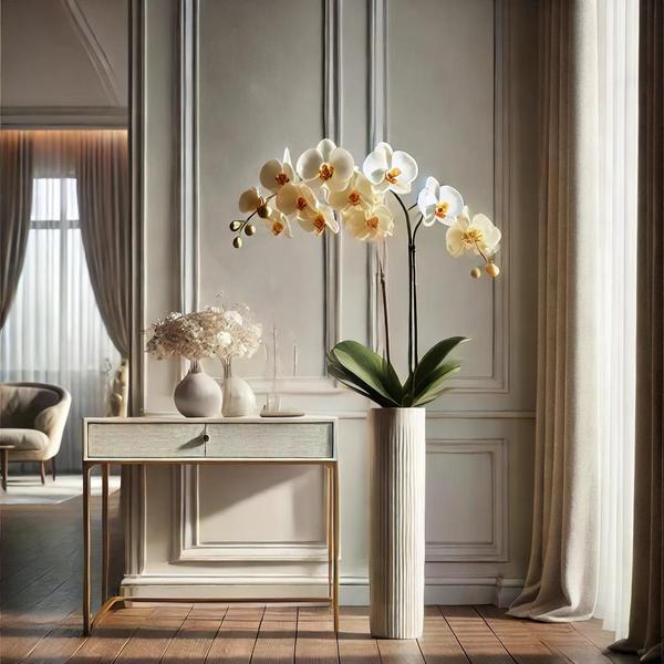 Flor orquidea phalaenopsis real toque branco amarelo 65cm - Flor Arte Imagem de Flor orquidea phalaenopsis real toque branco amarelo 65cm