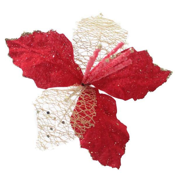 Imagem de Flor Vermelha Com Cabo Artificial Decoração De Natal Com Glitter 22cm