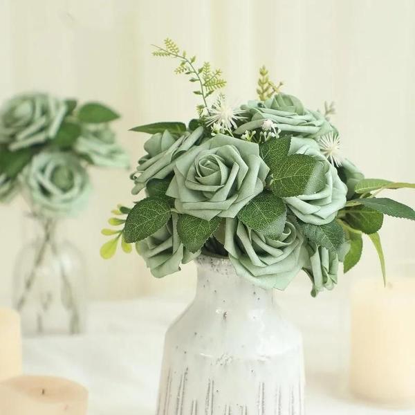 Imagem de Flores Artificiais Ombre Verde Floresta - 25 Rosas de Espuma com Hastes para Buquês de Casamento