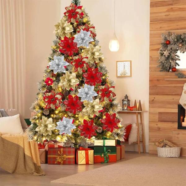 Flores de Glitter Artificiais para Árvore de Natal - Decoração de Natal 2024 Imagem de Flores de Glitter Artificiais para Árvore de Natal - Decoração de Natal 2024