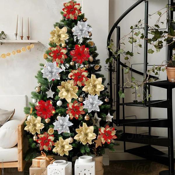 Flores de Glitter Artificiais para Árvore de Natal - Decoração de Natal 2024 Imagem de Flores de Glitter Artificiais para Árvore de Natal - Decoração de Natal 2024