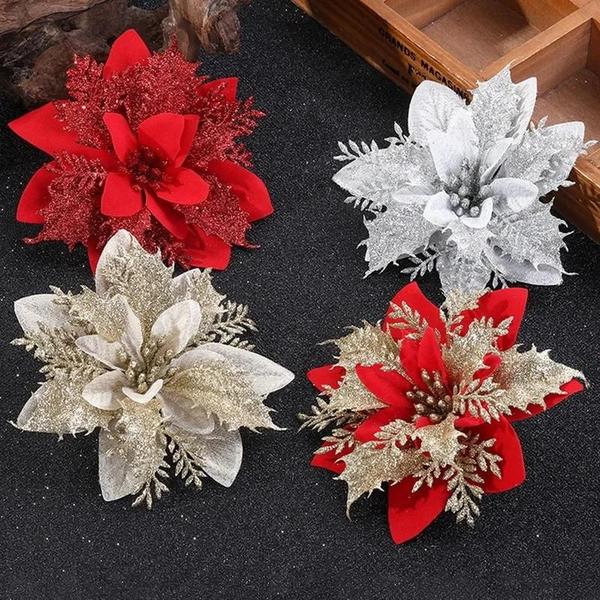 Imagem de Flores de Poinsétia com Glitter - Enfeites de Natal e Decoração para Casa