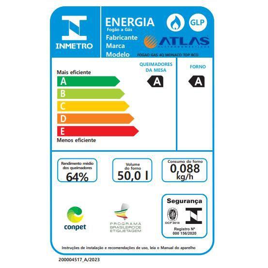 Imagem de Fogão 4 Bocas Branco com Mesa Inox Atlas Mônaco Top Bivolt