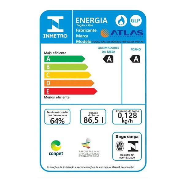 Imagem de  Fogão 5 Bocas Mônaco Top Glass Atlas Automático com Mega chama - Preto