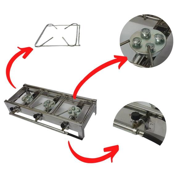 Imagem de Fogão A Gás 3 Bocas Inox Portátil Com Mangueira E Registro