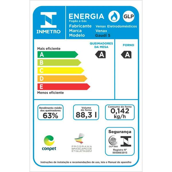 Imagem de Fogao a Gas 5 Bocas Venax Gaudi GIII Branco